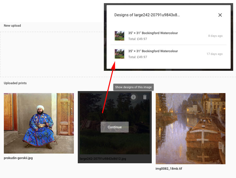 Redcliffe artstore gallery showing previously uploaded image thumbnails listed under Uploaded Prints
