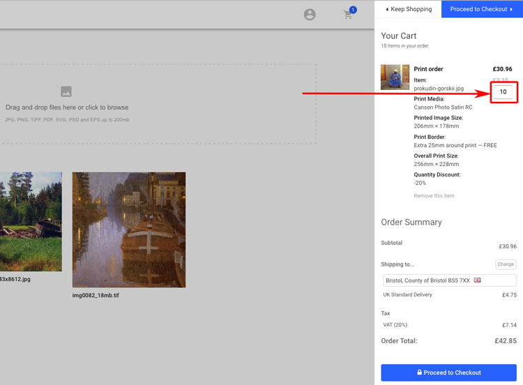 Redcliffe artstore cart panel showing the quantity input set to 10, a 20 percent quantity discount applied, and the full order summary with shipping and VAT