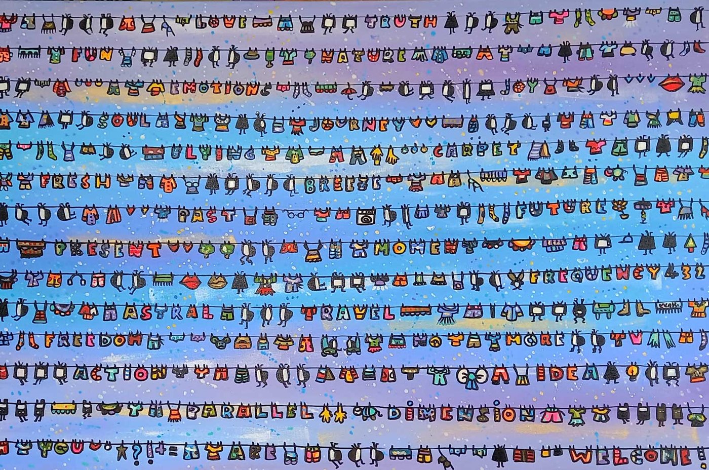 Maria Luisa Azzini Astral Laundry TVs painting &mdash; rows of tiny clothes pegged along washing lines spelling words including Love, Truth, Freedom, Astral and Travel, dotted with little televisions, against a blue and purple starlit sky