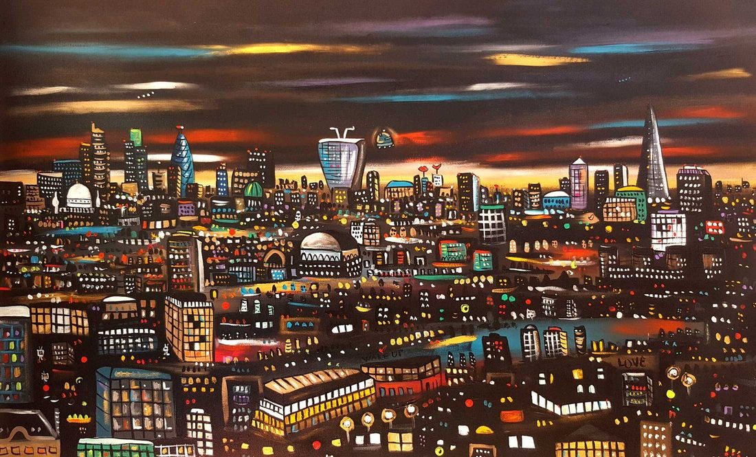 Maria Luisa Azzini dark London nightscape with the Shard, Walkie Talkie and Gherkin against a moody sunset sky