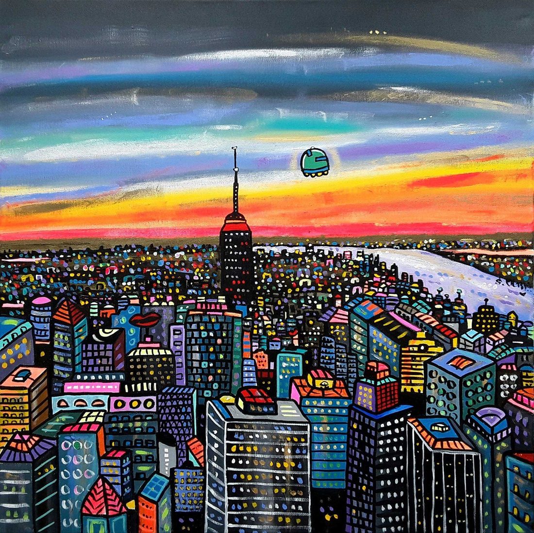 Maria Luisa Azzini New York skyline painting with the Empire State Building against a fiery sunset sky