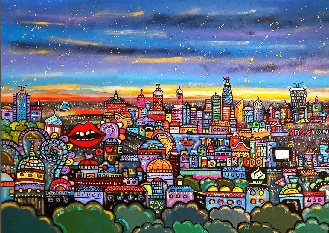 Maria Luisa Azzini cityscape under a starry sky with hidden words including Truth, Freedom and Passion