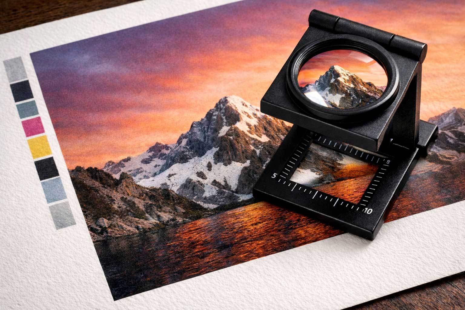 Proof print examined under loupe magnifier