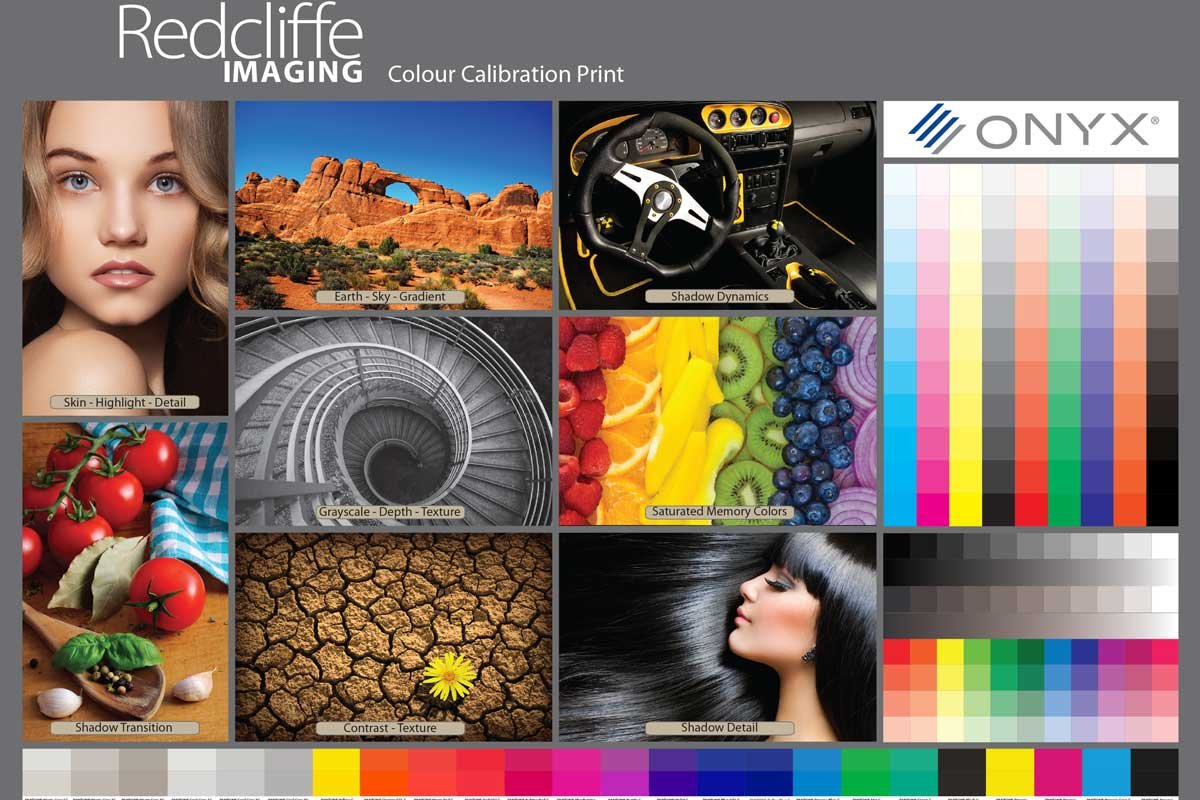 The Redcliffe Imaging colour calibration print — featuring skin tones, gradient skies, saturated memory colours, greyscale ramps and full CMYK and RGB strips.